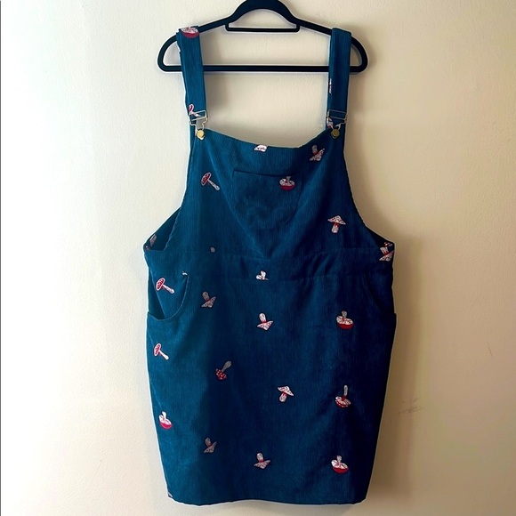 Cider Corduroy Overalls Mini Dress Blue with Embroidered Red Mushrooms w Pockets - Picture 1 of 7